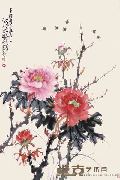 周振环 牡丹蜜蜂 立轴 98×65cm